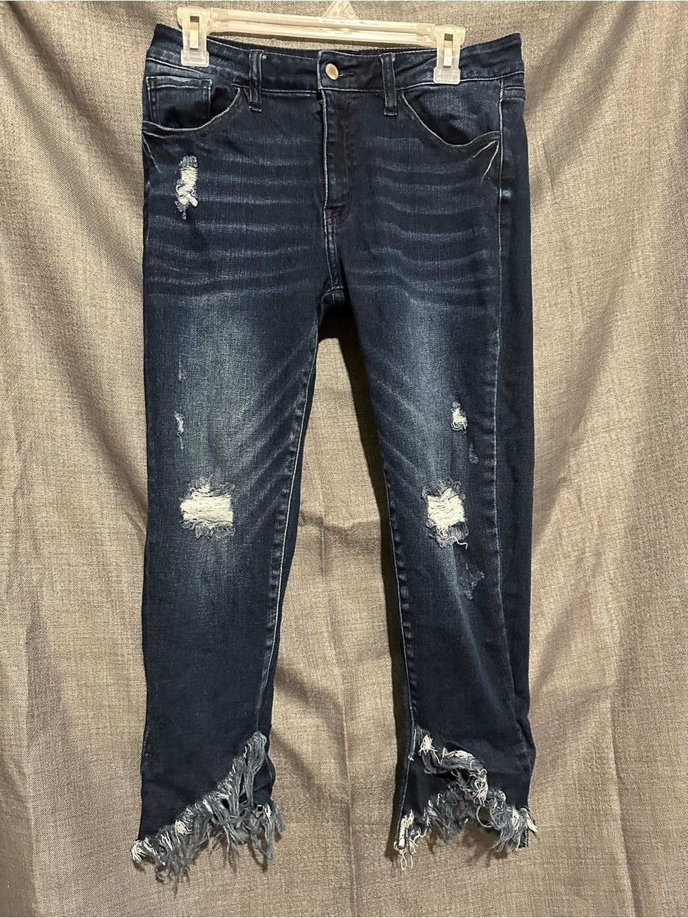 KanCan Dark Blue Distressed Cropped Jeans with Frayed Hem